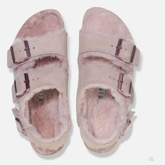 Birkenstock Milano Shearling Light Rose Pink Suede Slingback Sandal 41 L10 Reg - Picture 2 of 15